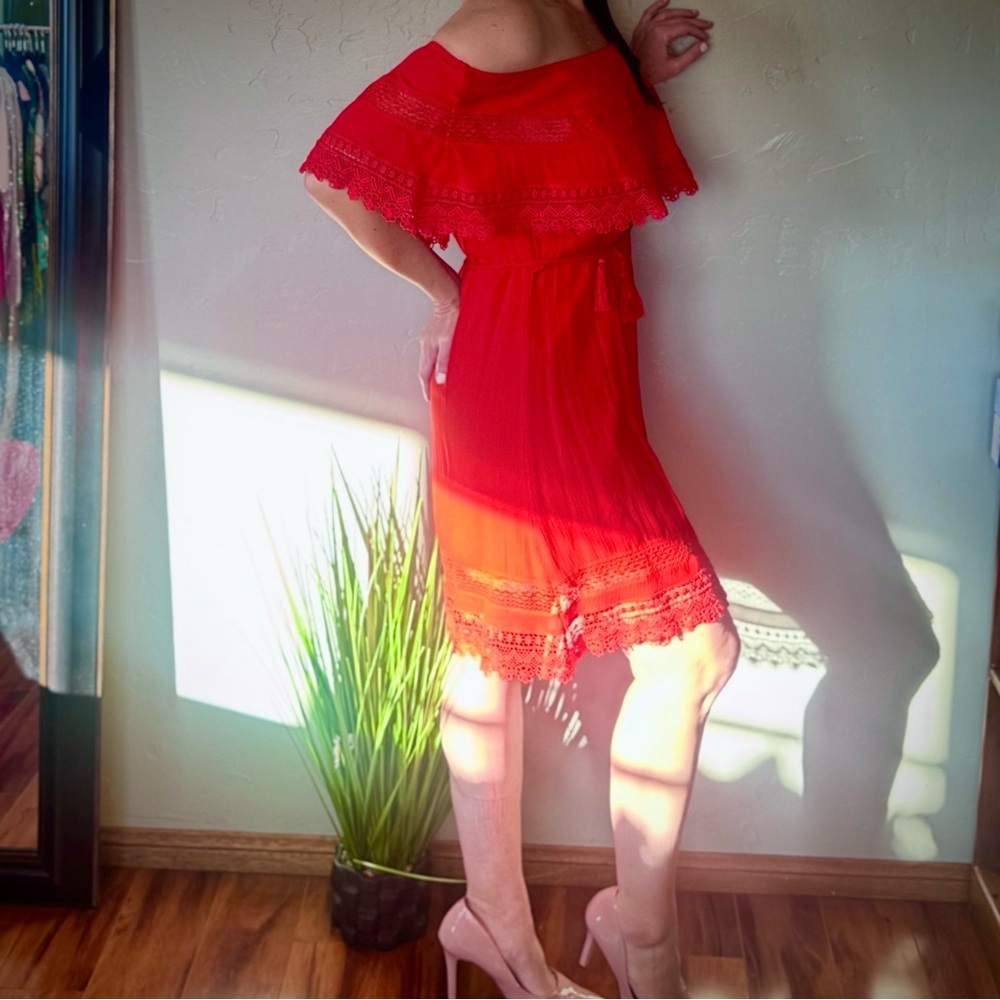 One The Land Off The Shoulder Red Lace Tie Waist Dress - Picture 3 of 7